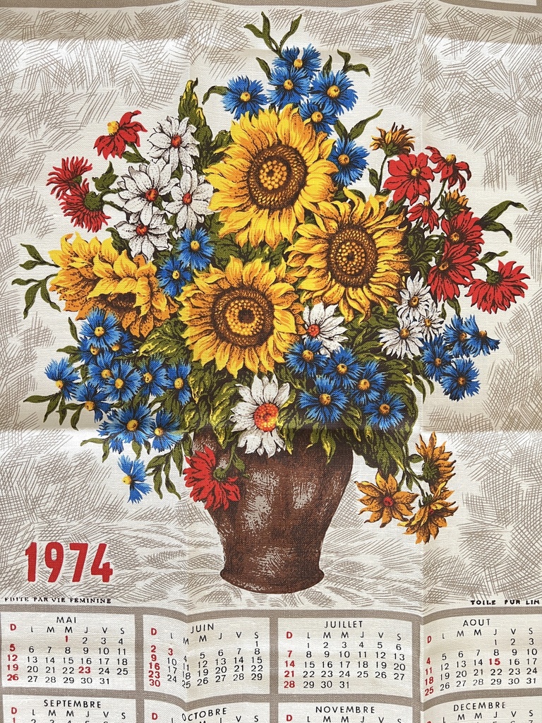Essuie vaisselle calendrier 1974 - bouquet de fleurs