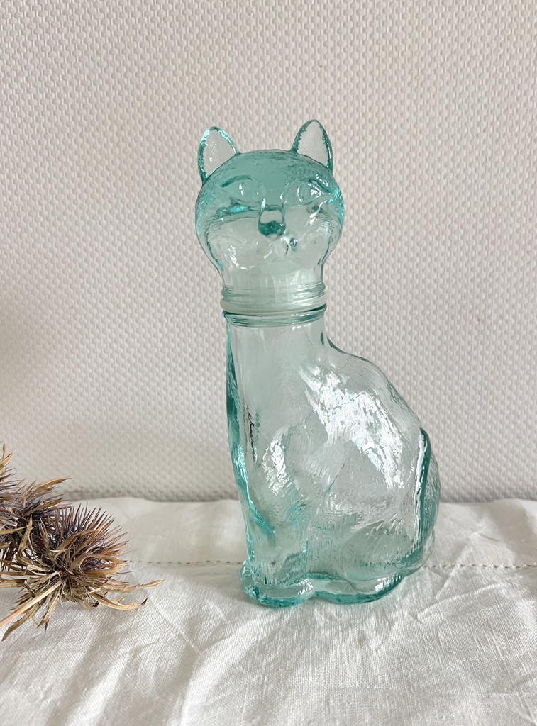 Petite carafe bleutée en verre Empoli en forme de chat
